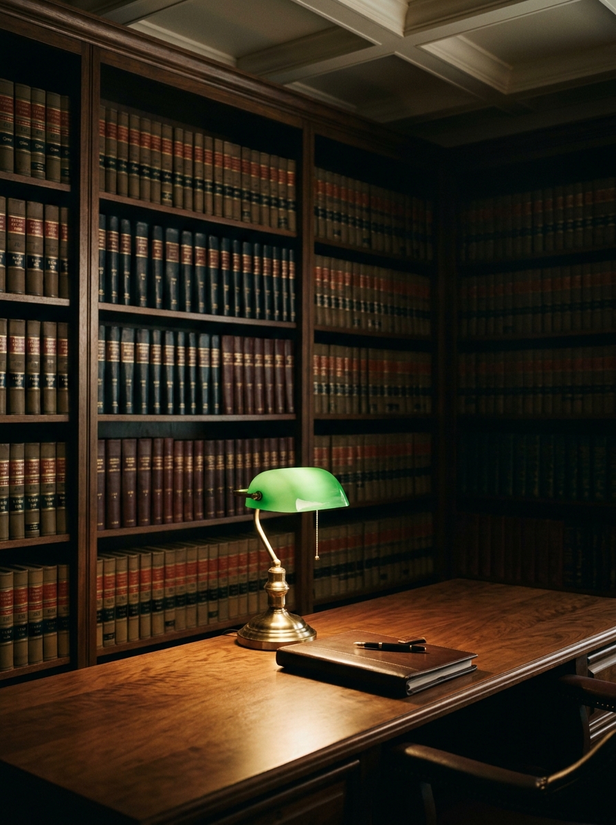 Bibliothèque du cabinet — rayonnages de doctrine reliée, lampe de banquier en laiton, ambiance feutrée. Format portrait 3:4.