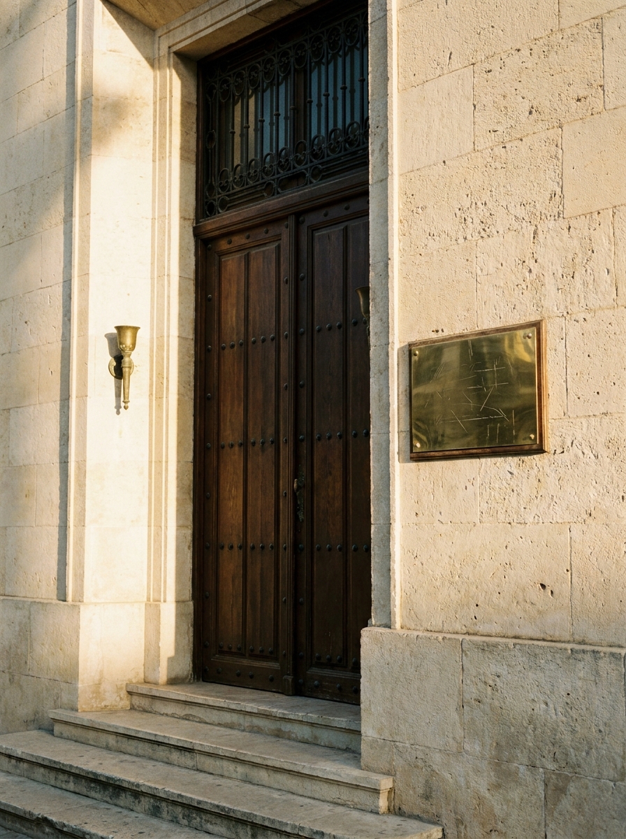 Façade du cabinet — porte en noyer, plaque de cuivre patinée, pierre ivoire, lumière dorée d’après-midi. Format portrait 3:4.