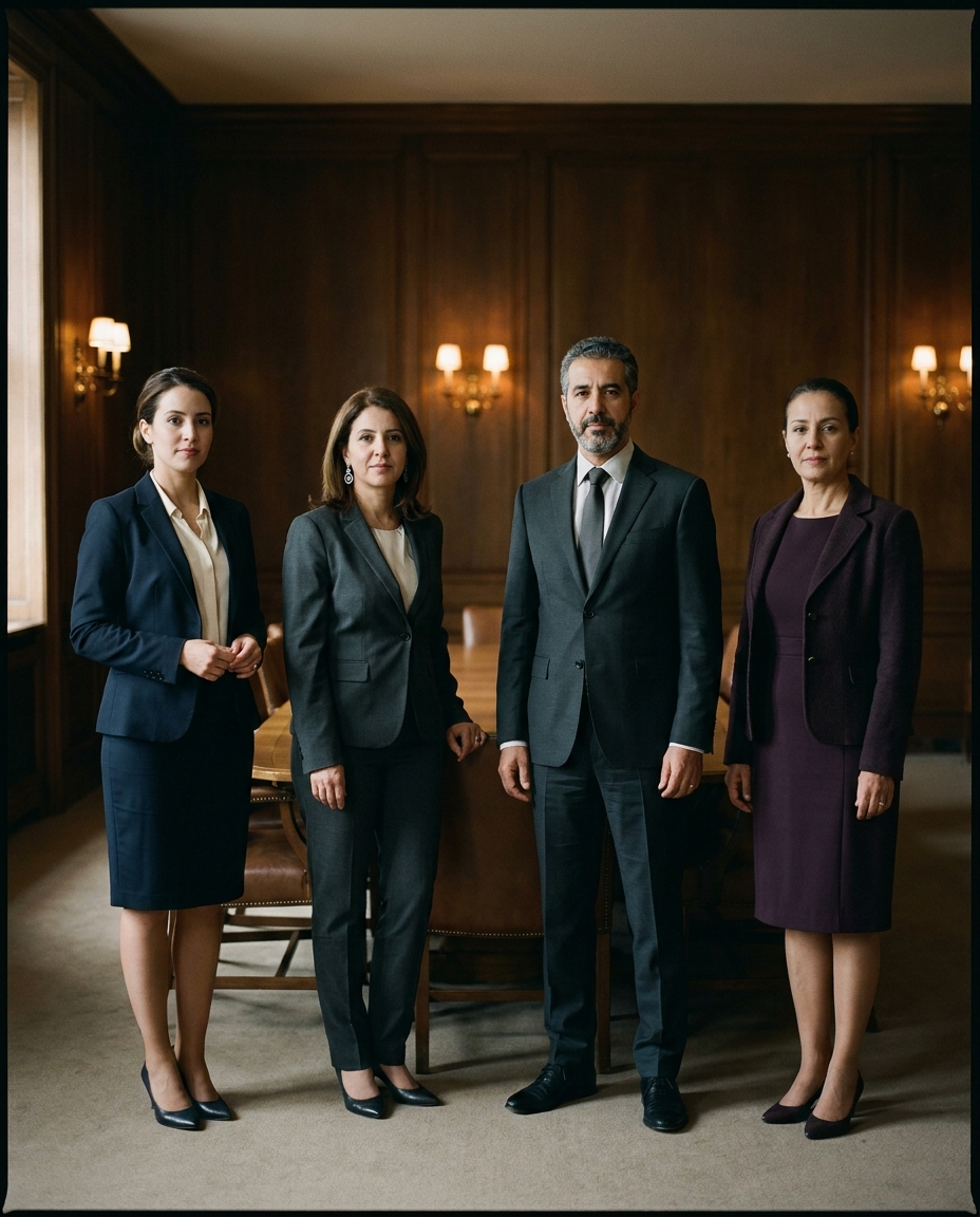 Portrait de groupe des associés du cabinet dans la salle de réunion — tenue sobre, expression neutre. Format portrait 4:5.