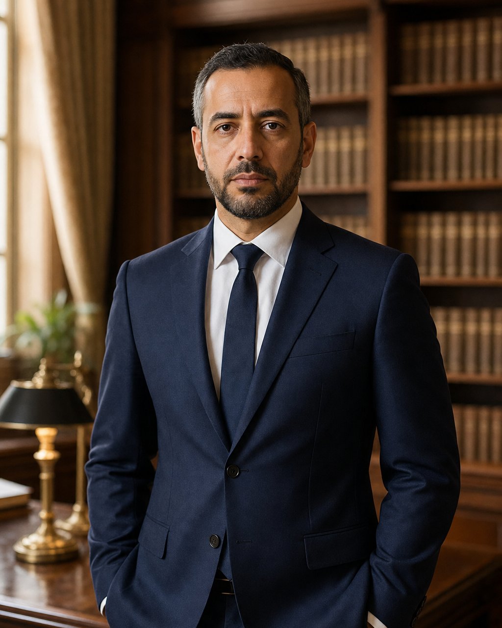 Portrait de Maître Omar El Mansouri — Associé — M&A et transactions. Tenue sobre, expression neutre. Format portrait 4:5.