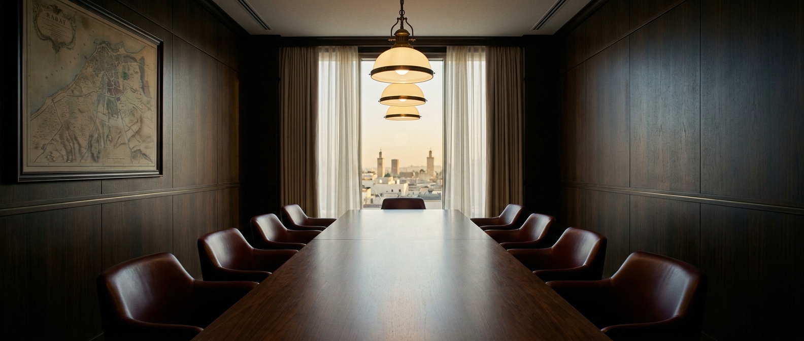 Vue panoramique de la salle de réunion principale du cabinet — longue table en chêne, chaises cuir oxblood, suspensions en laiton, vue sur les toits de Rabat. Format paysage 21:9.